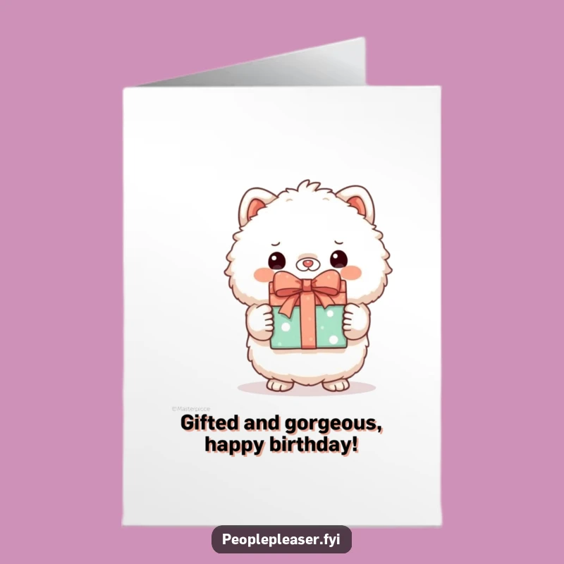 Free Printable Birthday Card: Fluffy Animal with Gift - Joyful Downloadable Surprise!