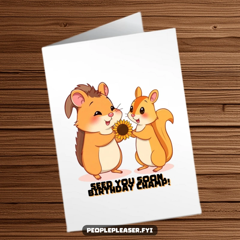 Funny Free Printable Birthday Card featuring a playful hamster gifting a sunflower seed to a happy squirrel, perfect for a DIY gift.