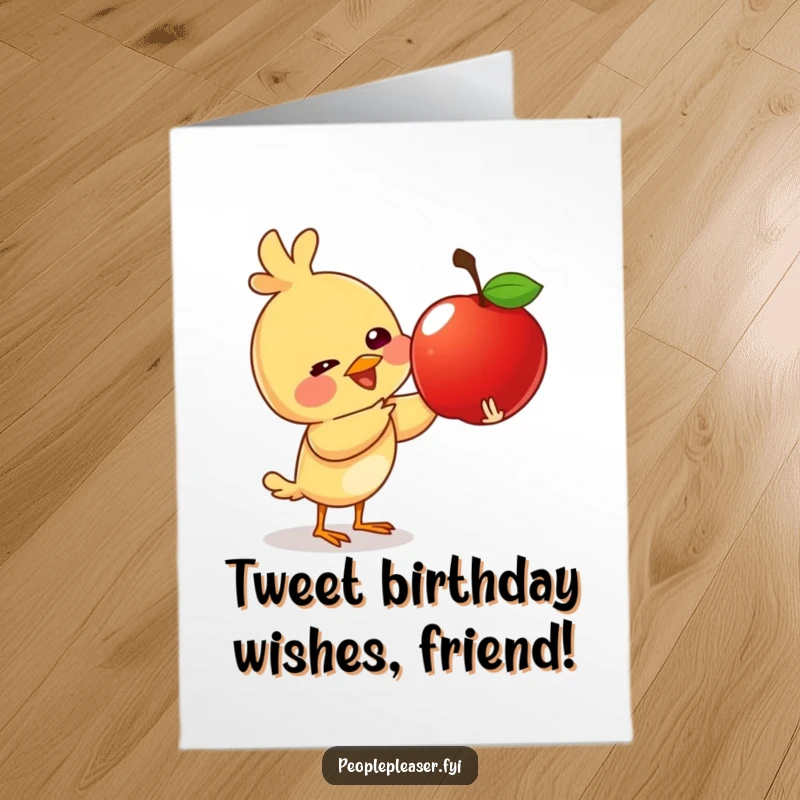 Funny Free Printable Birthday Card: A giggling bird offers a shiny apple, wishing a happy birthday.