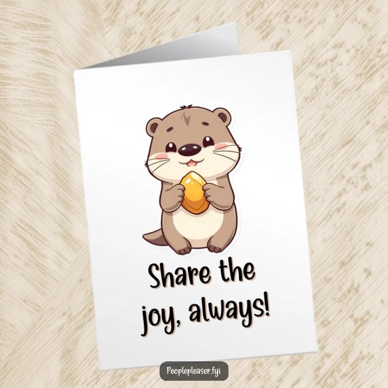 Funny Free Printable Birthday Card: a playful otter character happily shares a shiny stone, celebrating a birthday.