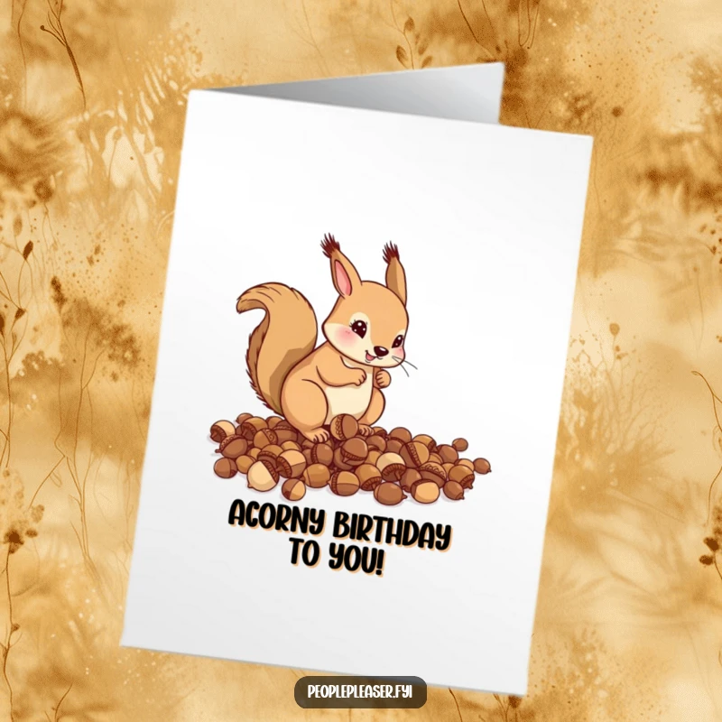 Funny Free Printable Birthday Card: A helpful squirrel meticulously organizes a scattered pile of acorns into neat rows for a birthday wish.