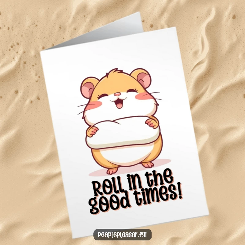 Funny Free Printable Hamster Birthday Card: Giggling hamster presenting perfectly rolled bedding, a humorous and cozy birthday greeting.