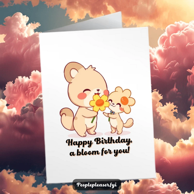 Funny Free Printable Birthday Card: Happy animal character beaming while giving a large flower, celebrating your special day with vibrant joy.