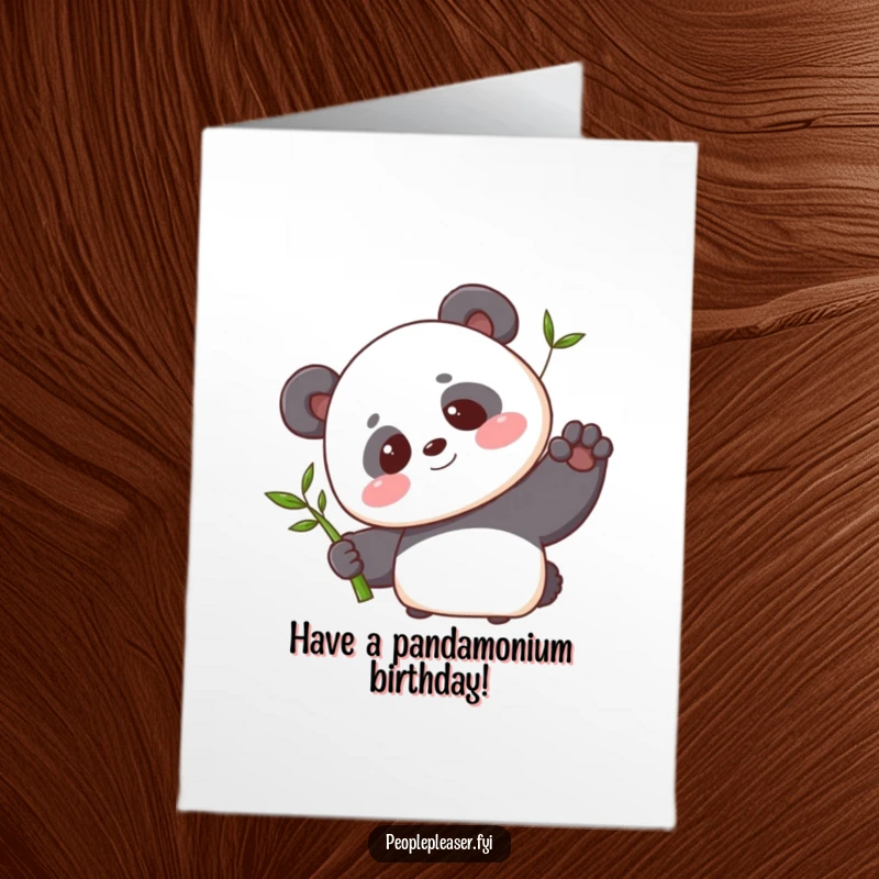Funny Free Printable Birthday Card: Blushing panda offering a bamboo shoot with a sweet smile, cute downloadable gift for birthdays.