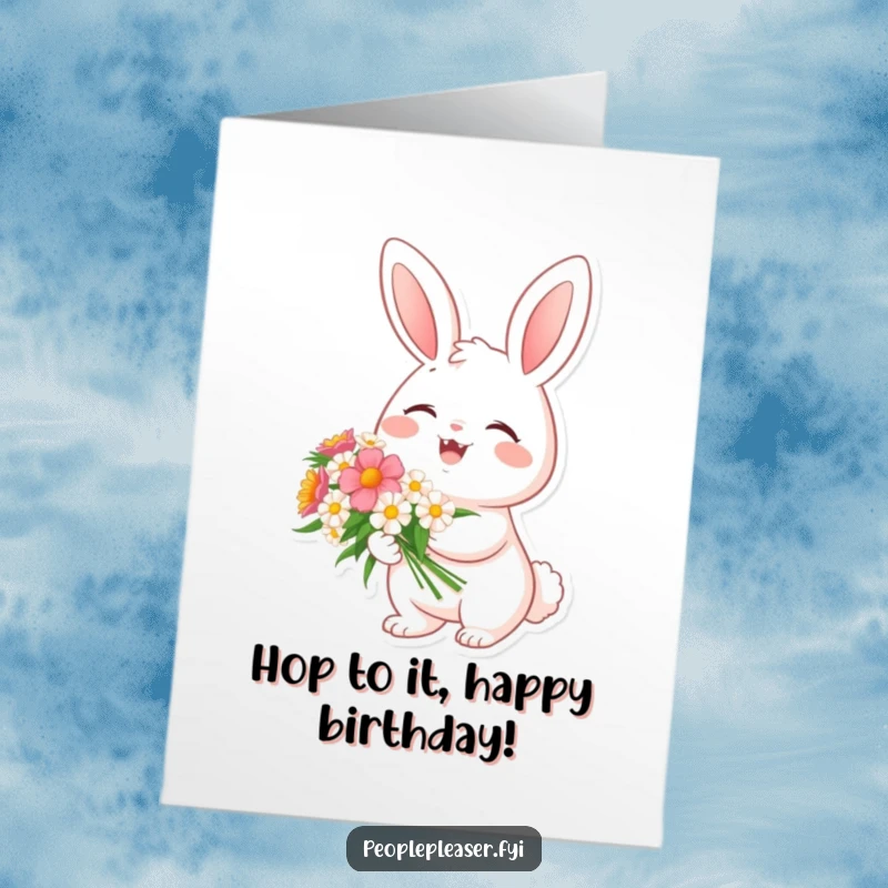 Funny Free Printable Birthday Card: A cheerful bunny holds a flower bouquet, looking delighted for a birthday.