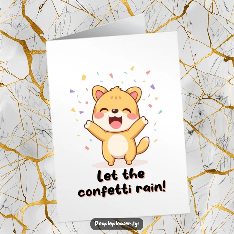 Funny Free Printable Birthday Card: A joyful animal character gleefully throws a shower of friendly confetti for a birthday.