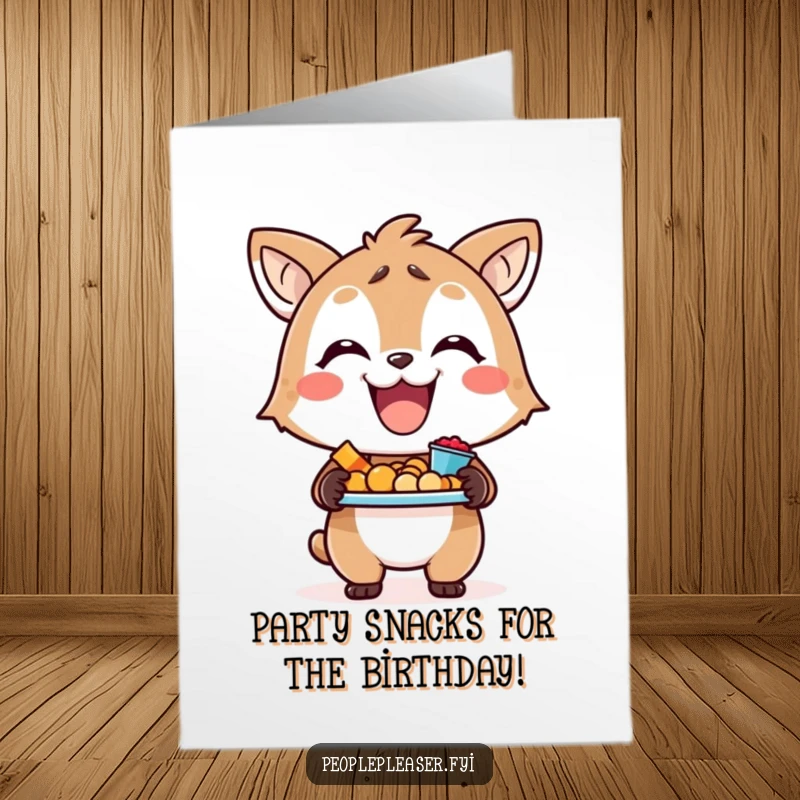 Funny Free Printable Birthday Card featuring a smiling animal character holding a tray of snacks, perfect for a downloadable birthday surprise.