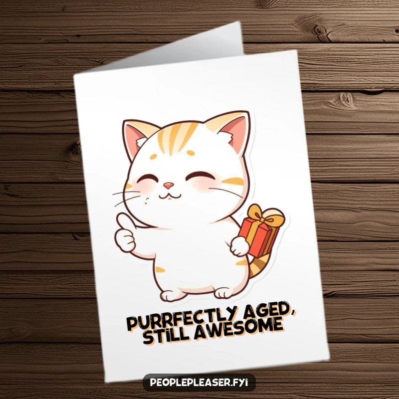Funny Free Printable Birthday Card: A nodding cat gives a thumbs up while holding a small gift, perfect for a humorous celebration.