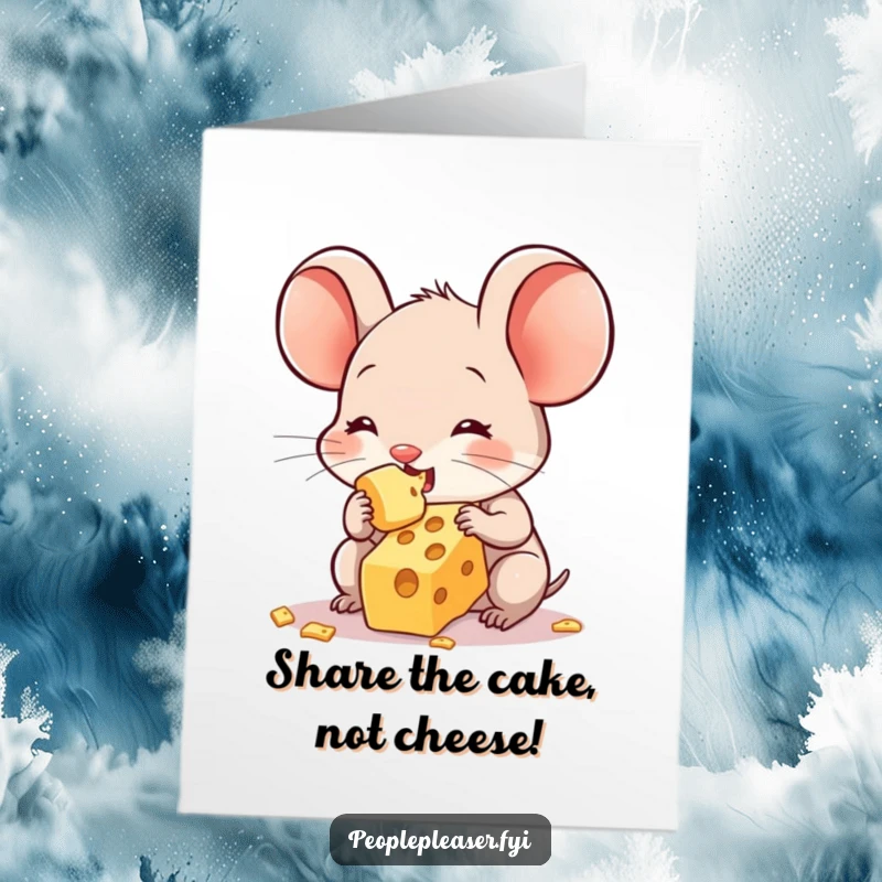 Funny Free Printable Birthday Card featuring a adorable mouse sharing its very last crumb of cheese with a smile.