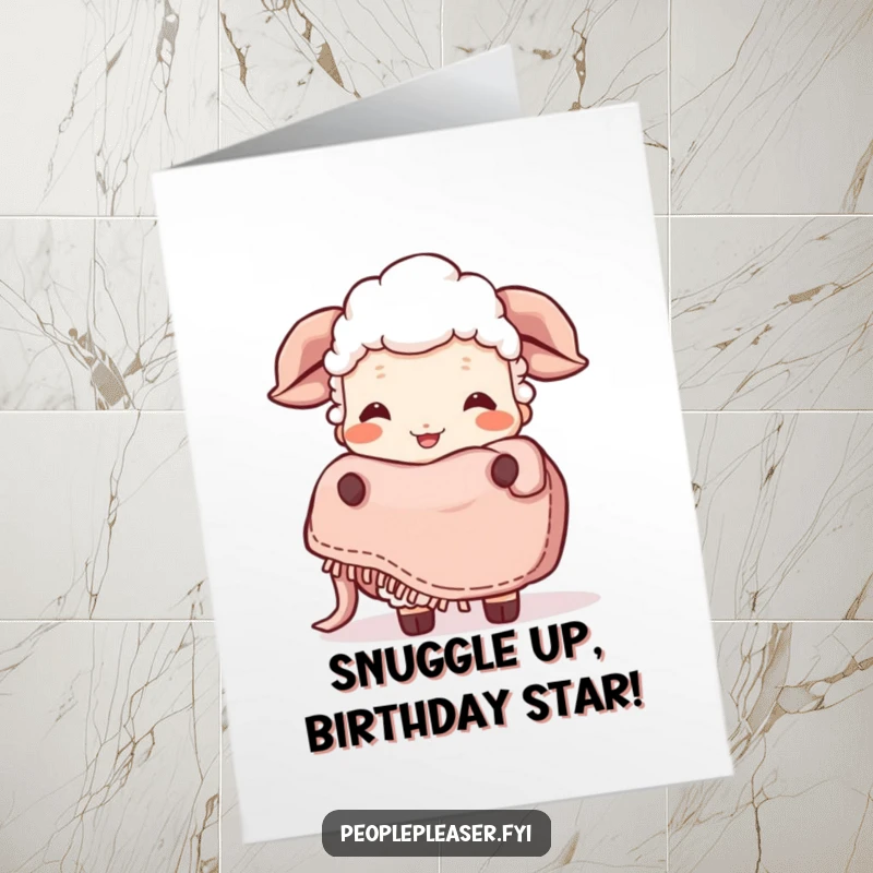 Funny Free Printable Birthday Card: A giggling sheep joyfully extends a plush, cozy blanket, spreading birthday cheer.