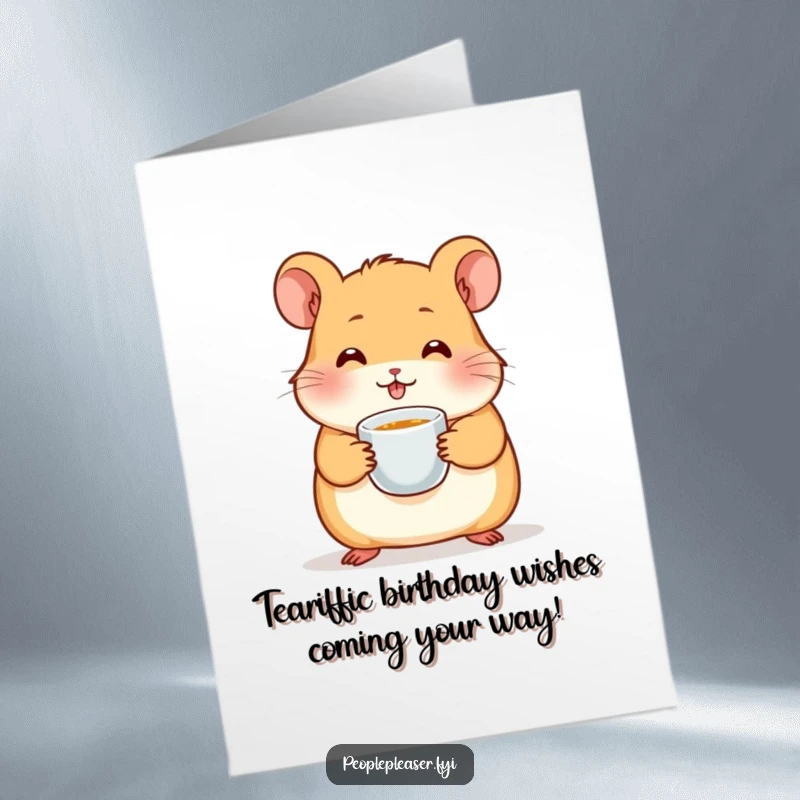 Funny Free Printable Birthday Card featuring a cute hamster character holding a tiny teacup, ready to celebrate with a warm greeting.