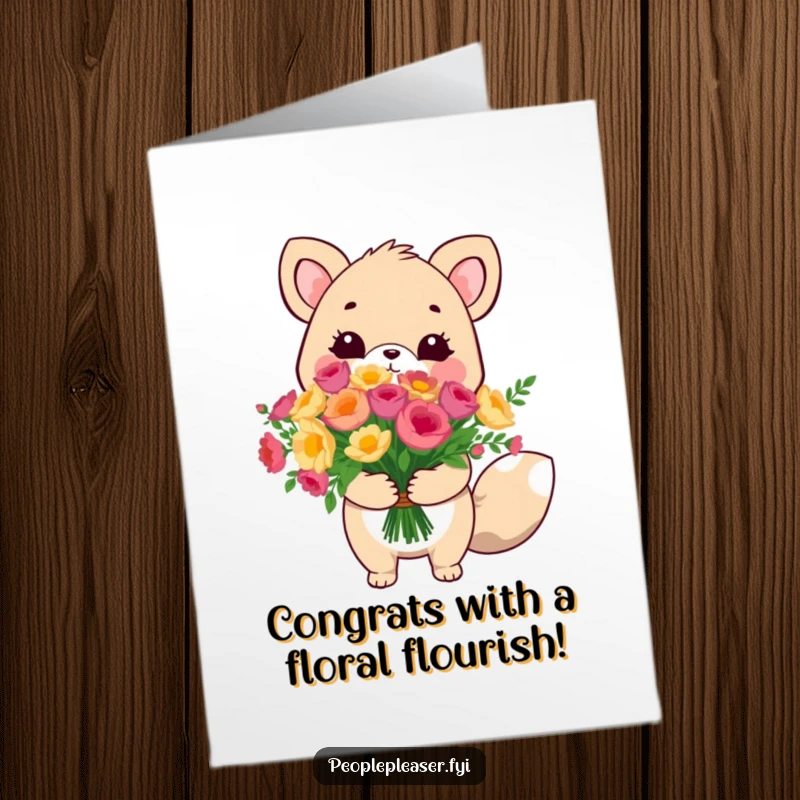 Funny Free Printable Congratulations Card: An endearing animal character holding out a huge, colorful bouquet of flowers.