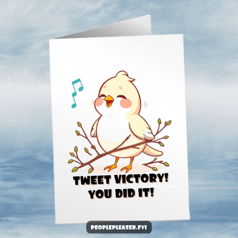 Funny Free Printable Bird Congratulations Card: A cheerful bird singing and arranging twigs, perfect for celebrating achievements, downloadable art.