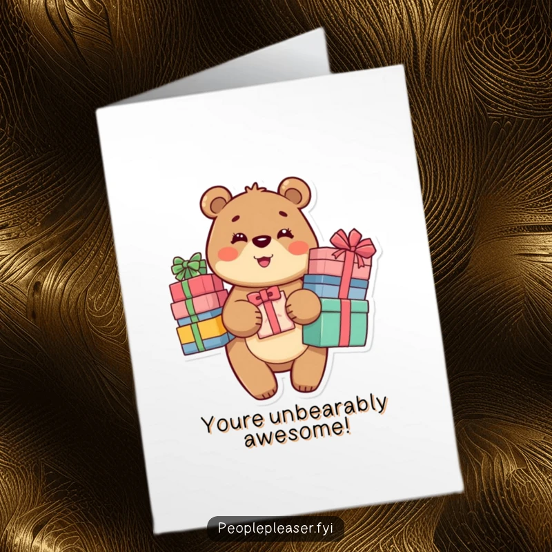 Funny Free Printable Congratulations Card: A happy bear carrying many gifts, celebrating a wonderful achievement.