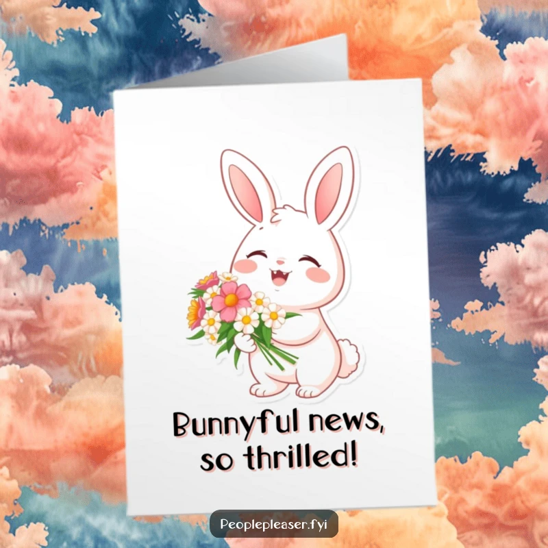 Funny Free Printable Congratulations Card: A delighted bunny holds a bouquet of flowers, celebrating an achievement.