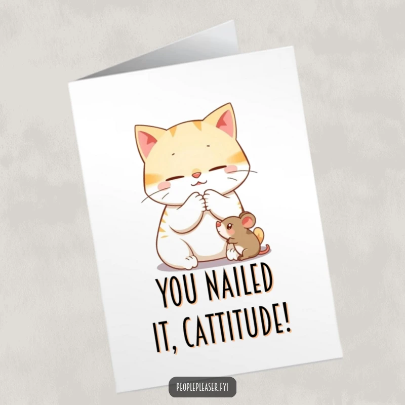 Funny Free Printable Congratulations Card: Content cat purring while grooming a toy mouse, celebrating success, a cute and funny downloadable gift.