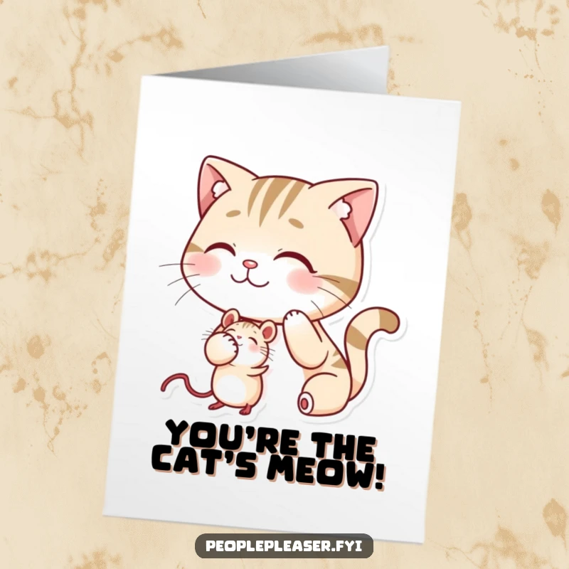 Funny Free Printable Congratulations Card featuring a smiling cat character affectionately patting a mouse on the head.