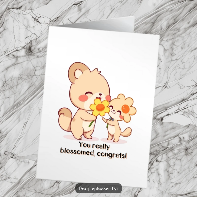 Funny Free Printable Congratulations Card: Cheerful animal character beaming while presenting a large flower, celebrating a joyous achievement with bright enthusiasm.