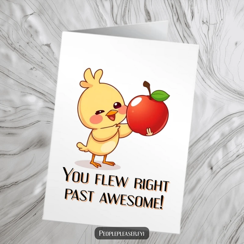 Funny Free Printable Congratulations Card: A giggling bird presents a shiny apple, celebrating a great achievement.