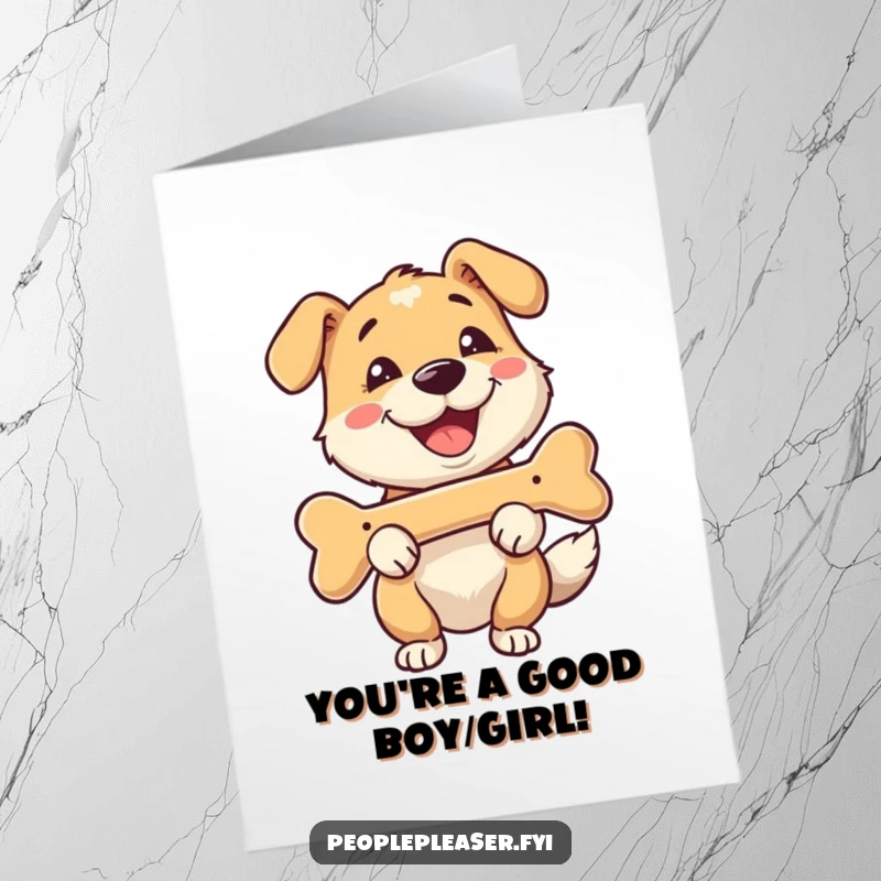 Funny Free Printable Congratulations Card: A happy dog proudly presents a bone, celebrating a fantastic success.