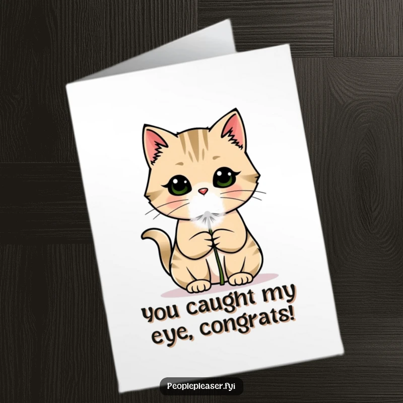 Funny Free Printable Congrats Card: A sweet cat presents a fluffy dandelion, celebrating your awesome accomplishment with humor.