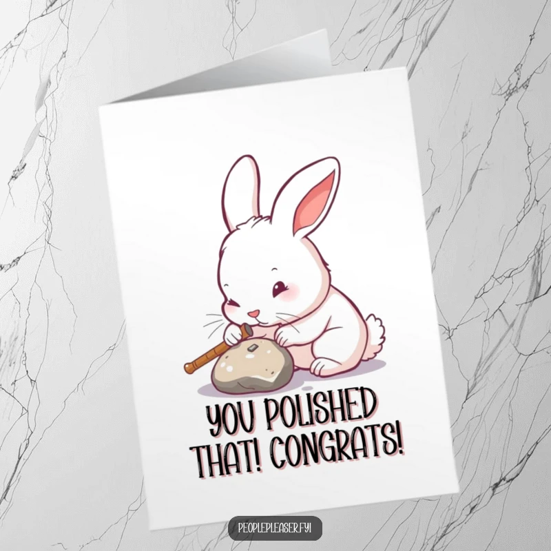 Funny Free Printable Congratulations Card: A rabbit meticulously polishing a shiny object to perfection, celebrating your win.