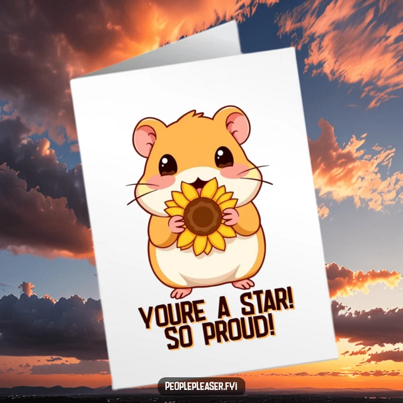 Cute Free Printable Congratulations Card: A content hamster offers a sunflower seed, symbolizing a sweet achievement. Instant download.