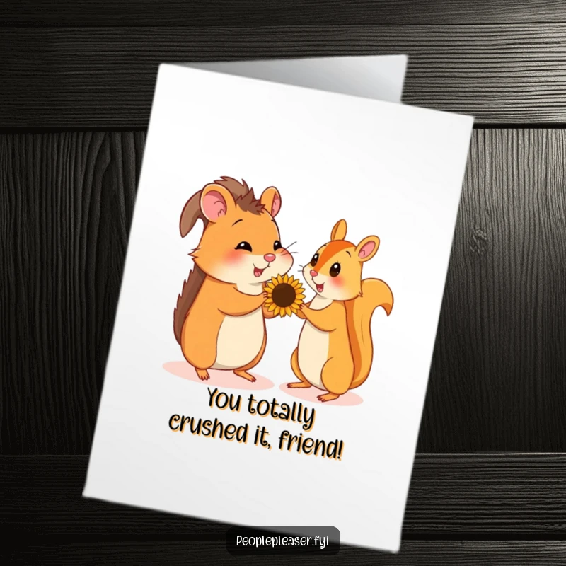 Funny Free Printable Congratulations Card with a playful hamster giving a sunflower seed gift to a squirrel, ideal for any celebration.