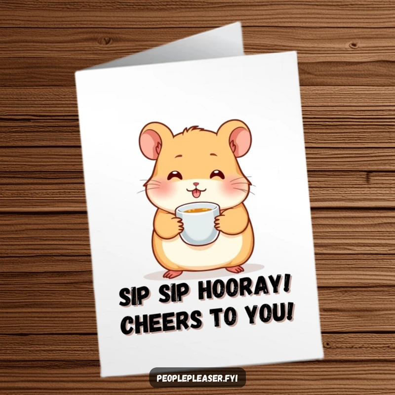 Funny Free Printable Congratulations Card showcasing a playful hamster character offering a steaming cup of tea as a gesture of celebration.