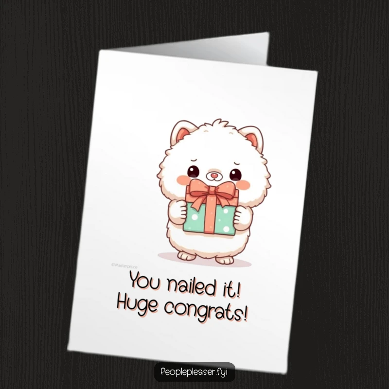 Funny Free Printable Congratulations Card showing a fluffy animal character proudly holding a wrapped gift, a perfect downloadable celebration card.