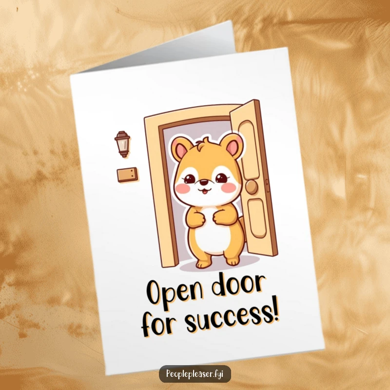 Funny Free Printable Congratulations Card: Accommodating animal character holding a door open wide, inviting them to celebrate their success, a helpful downloadable.