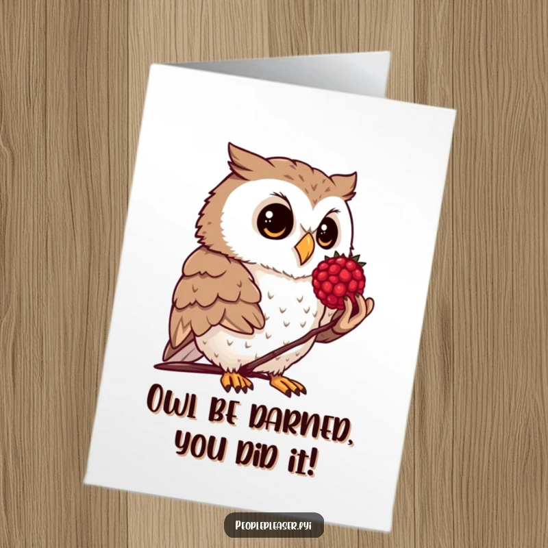Funny Free Printable Congrats Card: A curious owl extending a polished berry, a symbol of thoughtful congratulations.