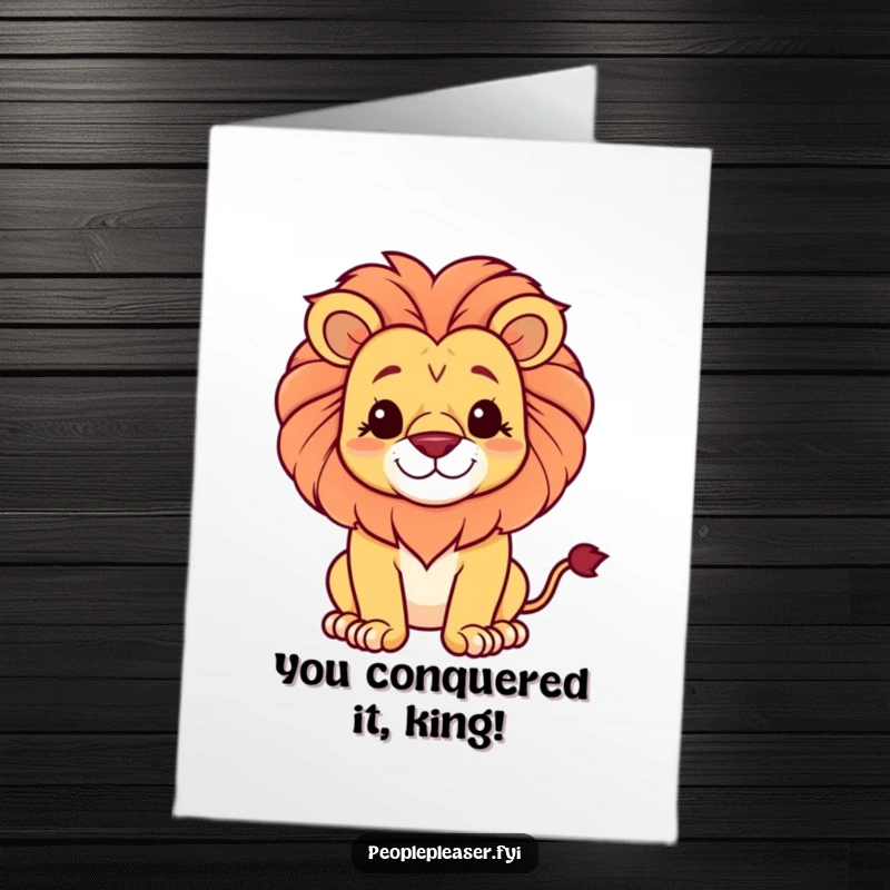 Funny Free Printable Congratulations Card: a proud lion character beams with a gentle smile, celebrating a great achievement.