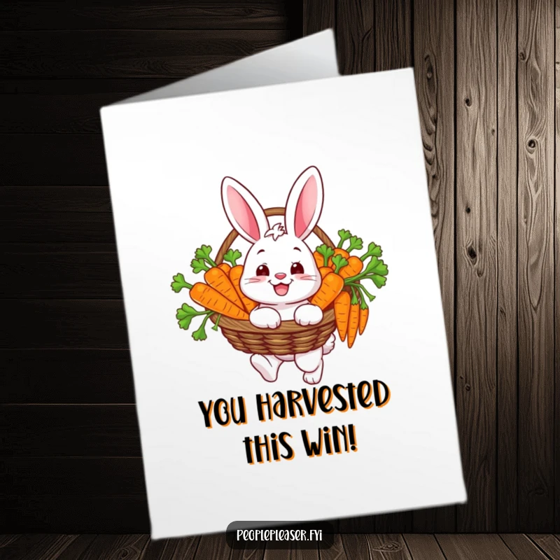 Funny Free Printable Bunny Congratulations Card: Happy bunny with a basket full of carrots, symbolizing a fruitful achievement, downloadable.