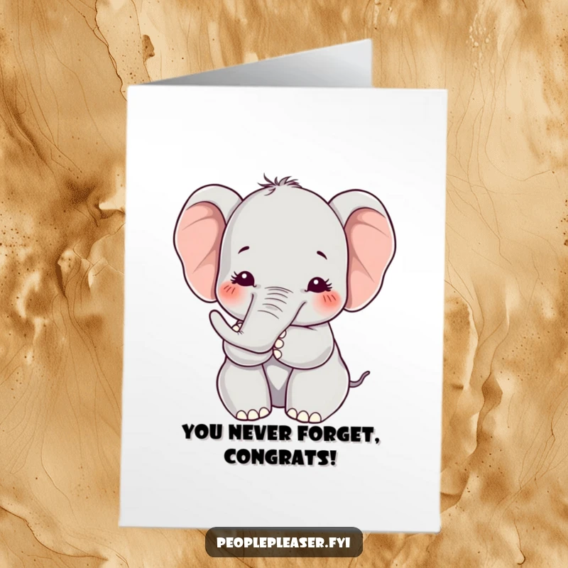Funny Free Printable Congrats Card: Kawaii elephant offering a gentle, humorous hug with its trunk to celebrate a wonderful achievement.