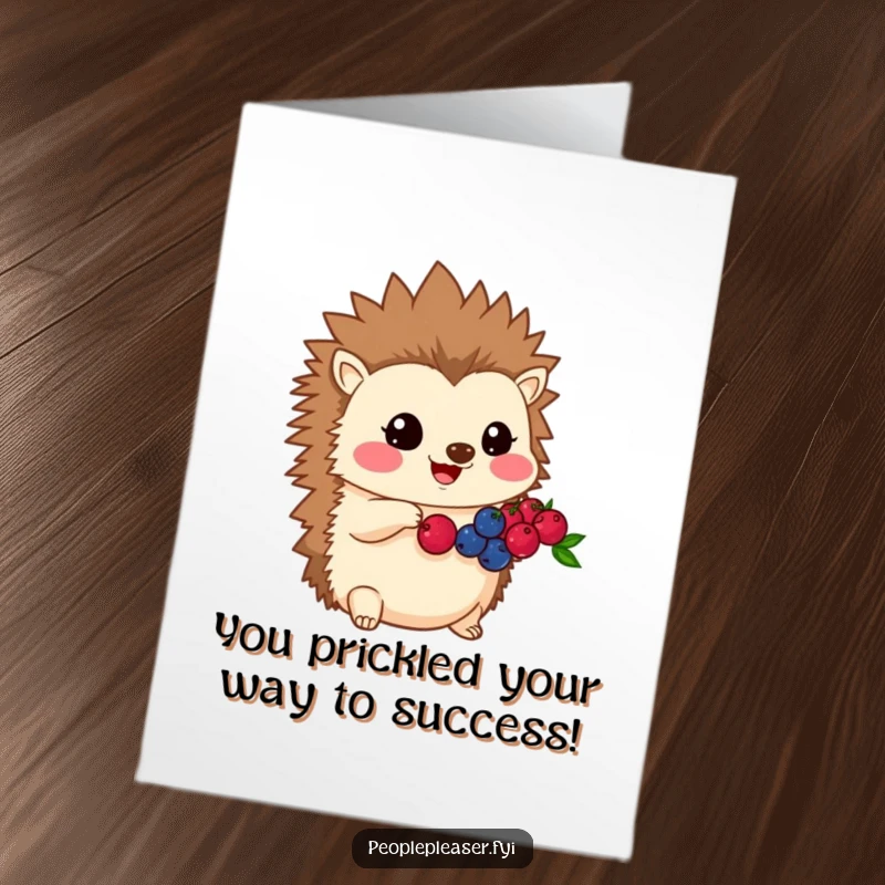 Funny Free Printable Congrats Card: Kawaii hedgehog proudly sharing its berries, celebrating success with a generous spirit.