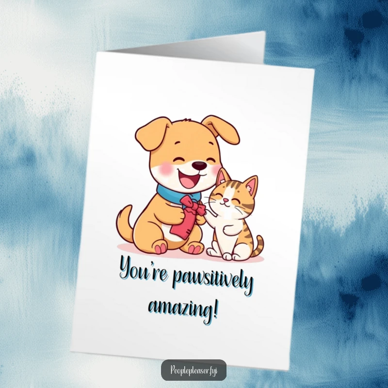 Funny Free Printable Congratulations Card featuring a happy dog character holding out a toy towards a cat.