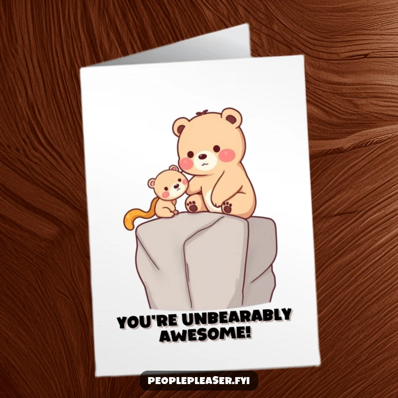 Funny Free Printable Congrats Card: A caring bear gently helps a smaller creature onto a high ledge, symbolizing overcoming challenges to reach success.