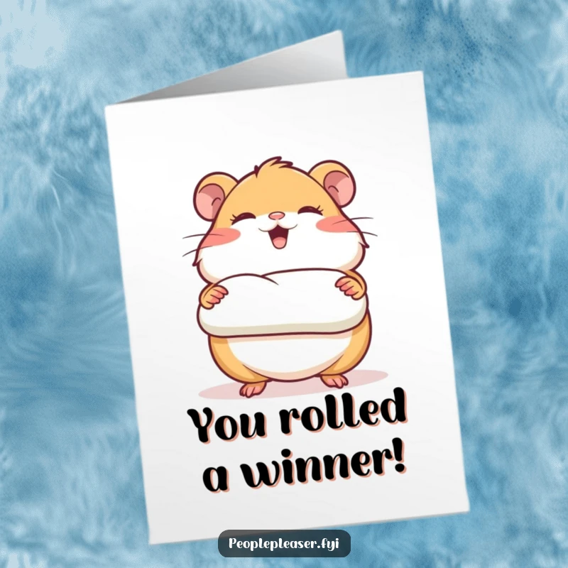 Funny Free Printable Hamster Congratulations Card: Giggling hamster presenting neat bedding, a symbol of accomplishment, downloadable.