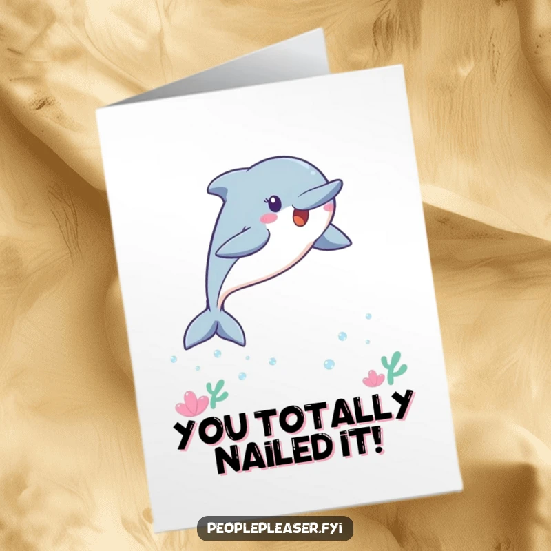 Funny Free Printable Congratulations Card: Energetic Kawaii Dolphin leaping triumphantly, celebrating a happy milestone with friends.