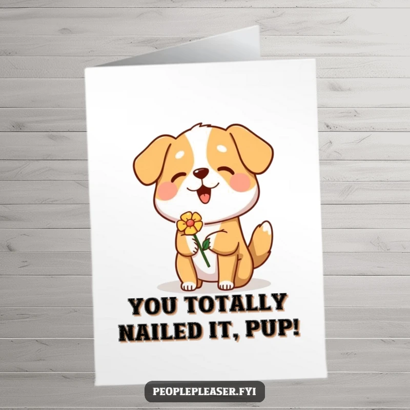 Funny Free Printable Congratulations Card: A cheerful dog extending a flower as a congratulatory gesture.