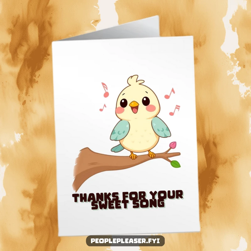 Funny Free Printable Thank You Card: Kawaii bird singing a cheerful tune from a branch, offering thanks with a humorous melody.
