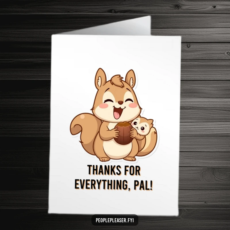 Funny Free Printable Thank You Card depicting a delighted squirrel character generously sharing a nut with a friend, symbolizing gratitude.