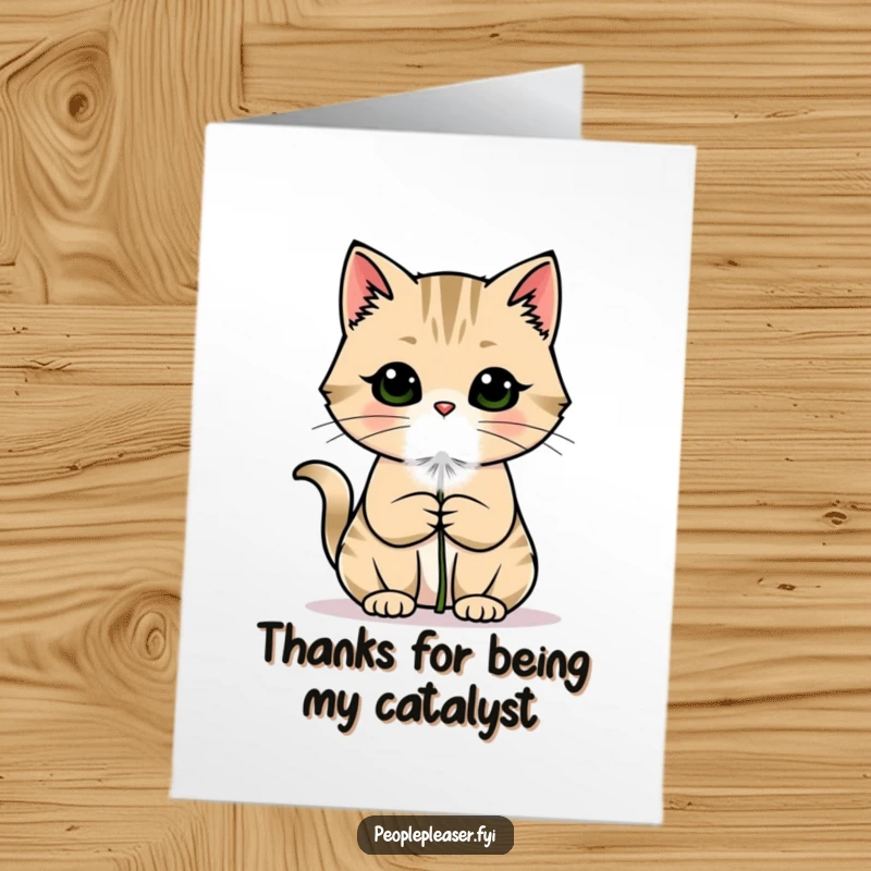 Funny Free Printable Thank You Card: A cat sweetly offers a dandelion puff, a humorous way to say thank you.