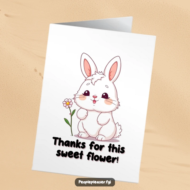 Funny Free Printable Thank You Card: A fluffy bunny enthusiastically nodding, offering a delicate flower with gratitude.