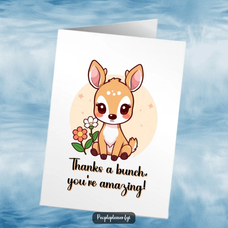 Funny Free Printable Thank You Card: A gentle deer presents a flower with a comical expression, perfect for a heartfelt and humorous thank you.