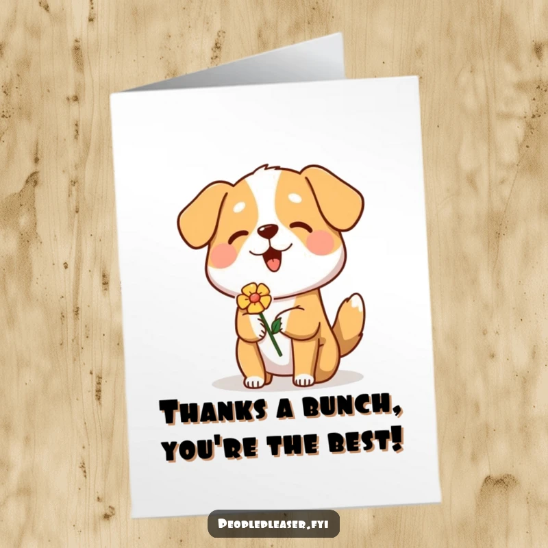 Funny Free Printable Thank You Card: A happy dog offering a flower, perfect for expressing thanks.
