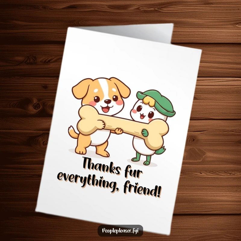 Funny Free Printable Thank You Card: A happy dog presents a huge bone, conveying heartfelt thanks humorously. Instant download.