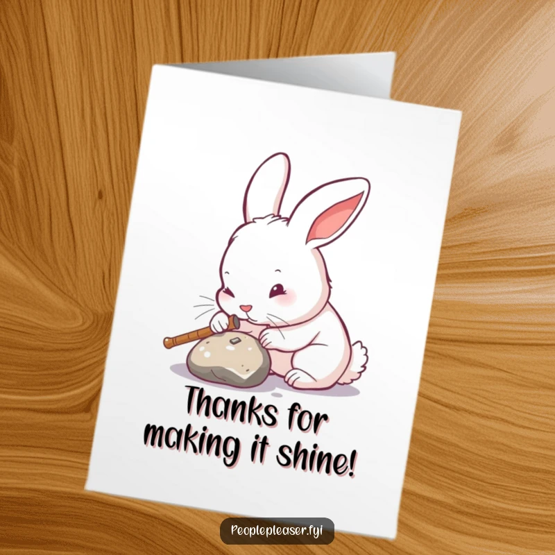 Funny Free Printable Thank You Card: A rabbit focused on polishing a found object until it sparkles, showing thanks.