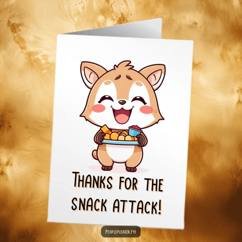 Funny Free Printable Thank You Card with a smiling animal character holding a tray of tasty snacks, a downloadable thank you.